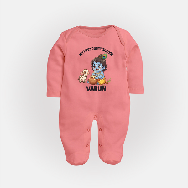 My First Janmashtami Krishna With Cow & Matki Print Fullbody suit - PEACH - New Born (Chest 7.5")