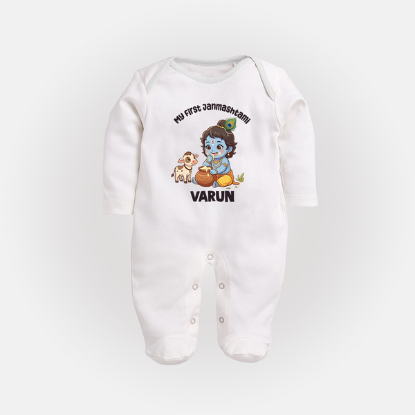 My First Janmashtami Krishna With Cow & Matki Print Fullbody suit - WHITE - New Born (Chest 7.5")