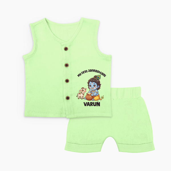 My First Janmashtami Krishna With Cow & Matki Print Jabla - PASTEL GREEN - 0 - 3 Months Old (Chest 9.8")