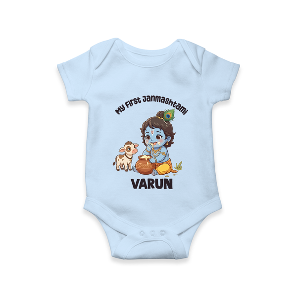 My First Janmashtami Krishna With Cow & Matki Print Romper - BABY BLUE - New Born (Chest 14")
