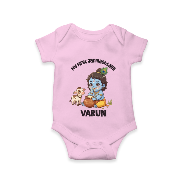 My First Janmashtami Krishna With Cow & Matki Print Romper - BABY PINK - New Born (Chest 14")
