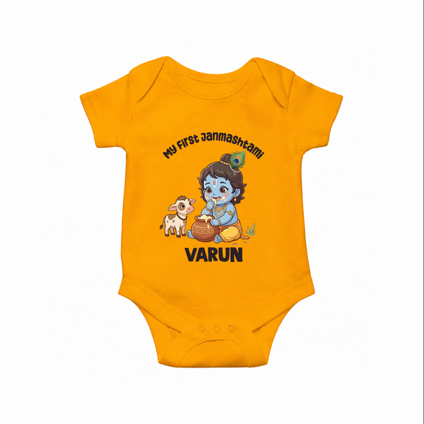 My First Janmashtami Krishna With Cow & Matki Print Romper - CHROME YELLOW - New Born (Chest 14")