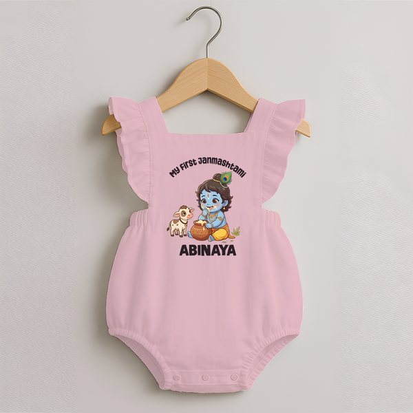My First Janmashtami Krishna With Cow & Matki Print Romper Frock - BABY PINK - 0 - 3 Months Old (Chest 19")