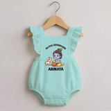 My First Janmashtami Krishna With Cow & Matki Print Romper Frock - MINT GREEN - 0 - 3 Months Old (Chest 19")