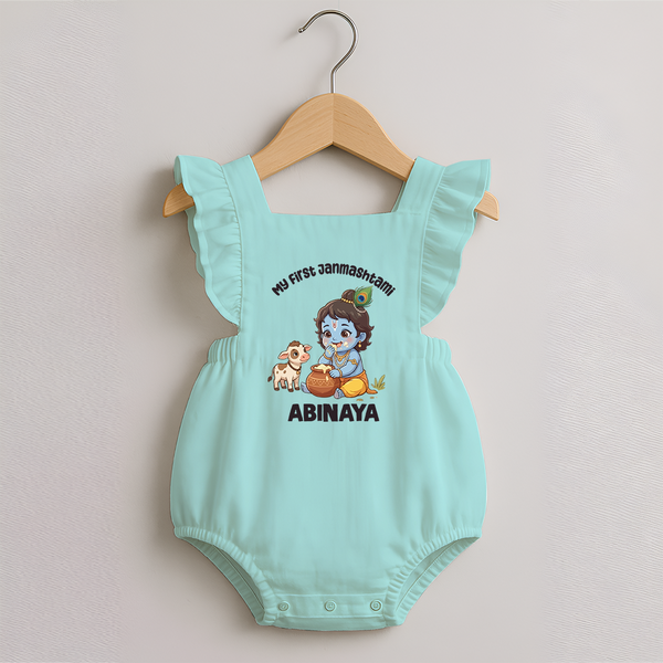 My First Janmashtami Krishna With Cow & Matki Print Romper Frock - MINT GREEN - 0 - 3 Months Old (Chest 19")