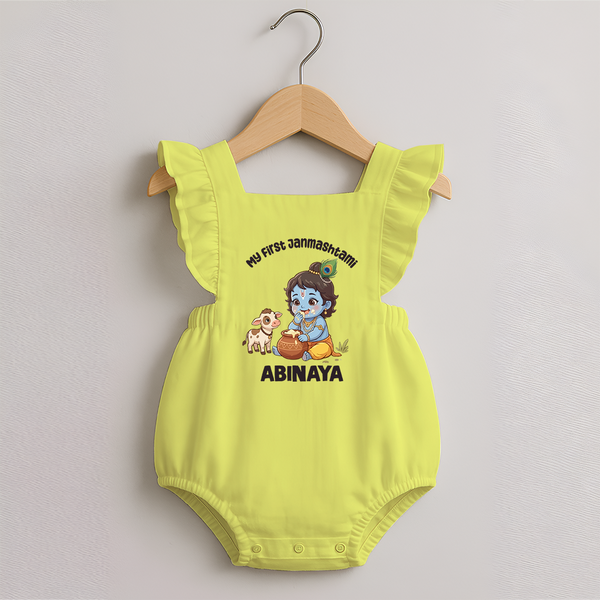 My First Janmashtami Krishna With Cow & Matki Print Romper Frock - PASTEL YELLOW - 0 - 3 Months Old (Chest 19")