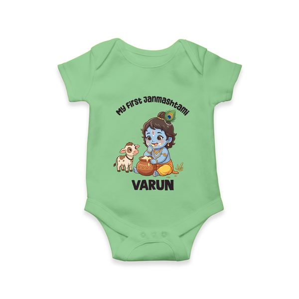 My First Janmashtami Krishna With Cow & Matki Print Romper - GREEN - New Born (Chest 14")