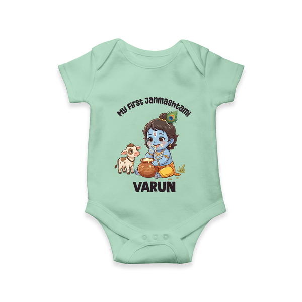 My First Janmashtami Krishna With Cow & Matki Print Romper - MINT GREEN - New Born (Chest 14")