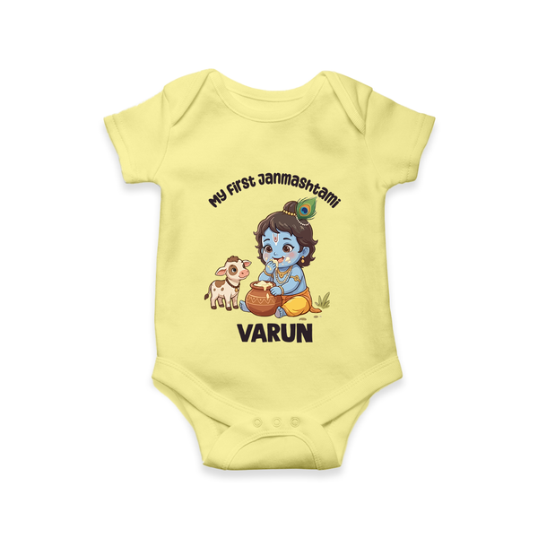 My First Janmashtami Krishna With Cow & Matki Print Romper - PASTEL YELLOW - New Born (Chest 14")