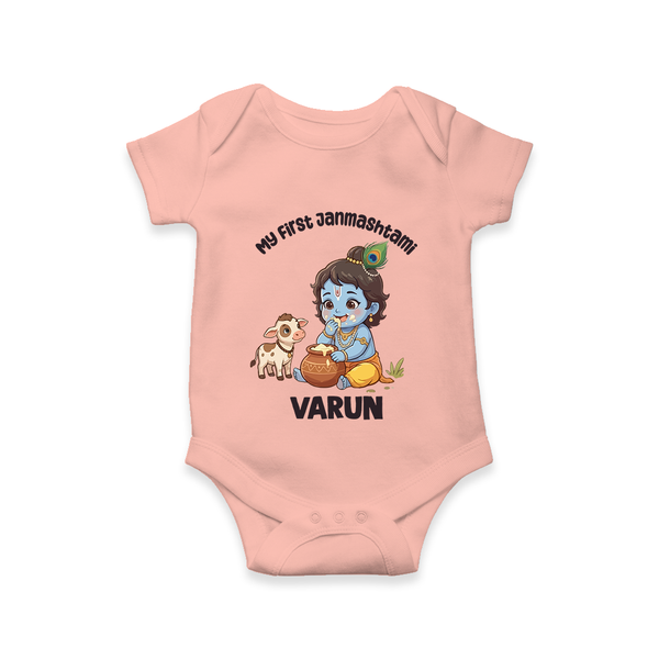 My First Janmashtami Krishna With Cow & Matki Print Romper - PEACH - New Born (Chest 14")