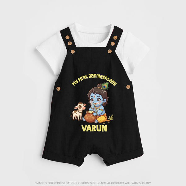 My First Janmashtami Krishna With Cow & Matki Print Dungaree - BLACK - 0 - 5 Months Old (Chest 18")