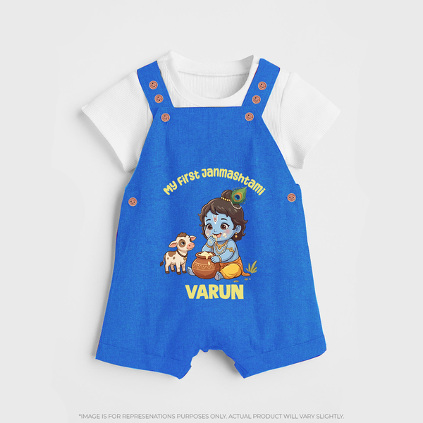 My First Janmashtami Krishna With Cow & Matki Print Dungaree - COBALT BLUE - 0 - 5 Months Old (Chest 18")