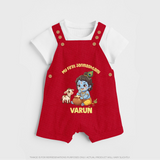 My First Janmashtami Krishna With Cow & Matki Print Dungaree - RED - 0 - 5 Months Old (Chest 18")