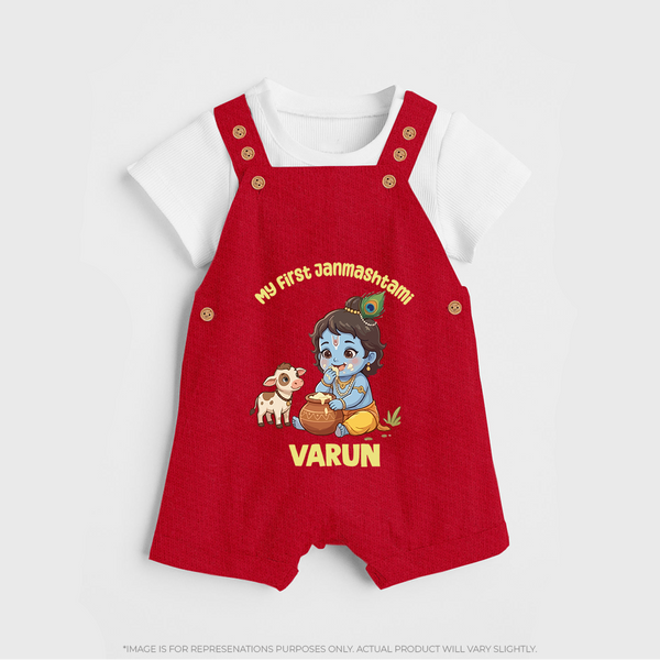 My First Janmashtami Krishna With Cow & Matki Print Dungaree - RED - 0 - 5 Months Old (Chest 18")