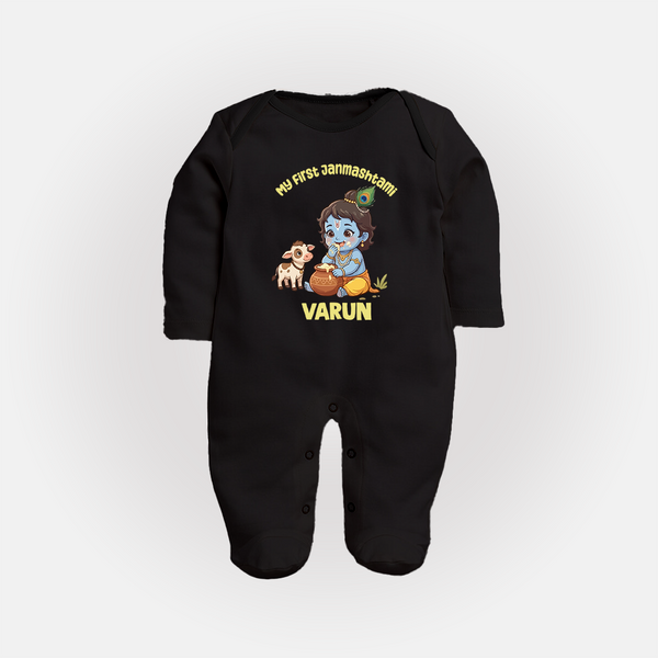 My First Janmashtami Krishna With Cow & Matki Print Fullbody suit - BLACK - New Born (Chest 7.5")
