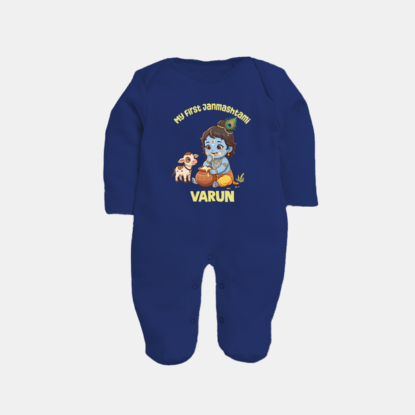 My First Janmashtami Krishna With Cow & Matki Print Fullbody suit - NAVY BLUE - New Born (Chest 7.5")
