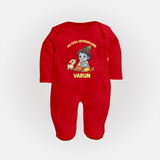 My First Janmashtami Krishna With Cow & Matki Print Fullbody suit - RED - New Born (Chest 7.5")