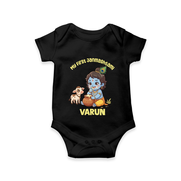 My First Janmashtami Krishna With Cow & Matki Print Romper - BLACK - New Born (Chest 14")