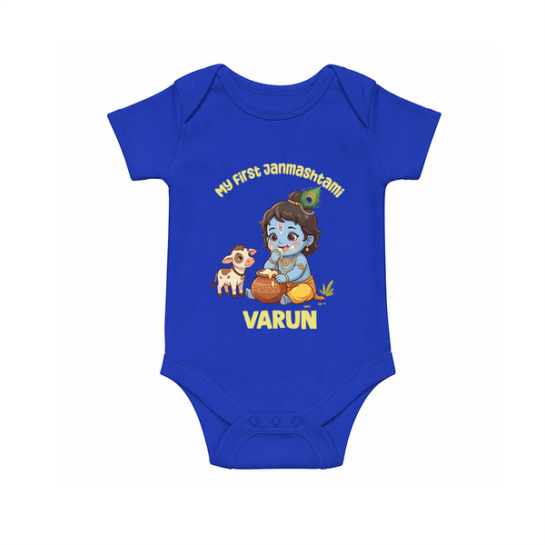 My First Janmashtami Krishna With Cow & Matki Print Romper - COBALT BLUE - New Born (Chest 14")