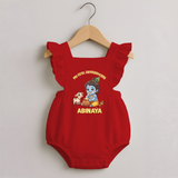 My First Janmashtami Krishna With Cow & Matki Print Romper Frock - RED - 0 - 3 Months Old (Chest 19")
