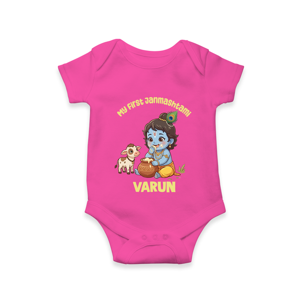 My First Janmashtami Krishna With Cow & Matki Print Romper - HOT PINK - New Born (Chest 14")