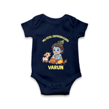 My First Janmashtami Krishna With Cow & Matki Print Romper - NAVY BLUE - New Born (Chest 14")