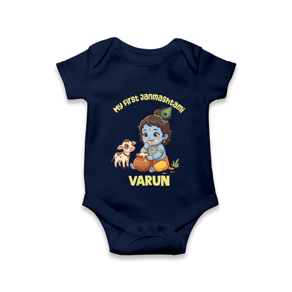 My First Janmashtami Krishna With Cow & Matki Print Romper - NAVY BLUE - New Born (Chest 14")