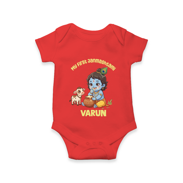My First Janmashtami Krishna With Cow & Matki Print Romper - RED - New Born (Chest 14")