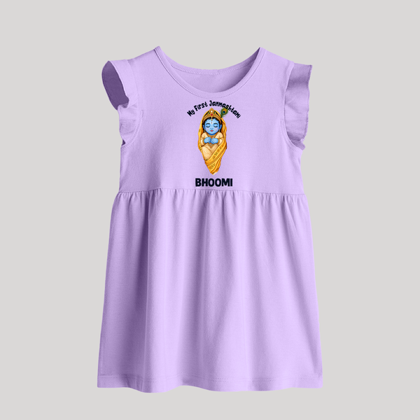 My First Janmashtami Sleeping Krishna Blessings Print Baby Frock - LILAC - 0 - 3 Months Old (Chest 17")