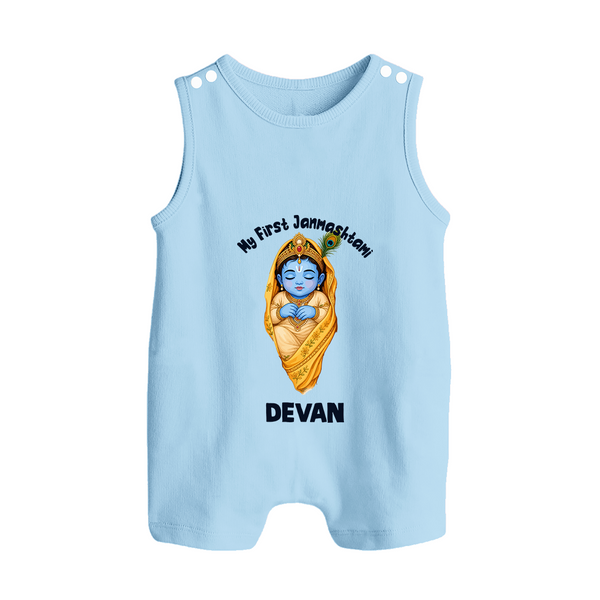 My First Janmashtami Sleeping Krishna Blessings Print Button Romper - BABY BLUE - New Born (Chest 18")