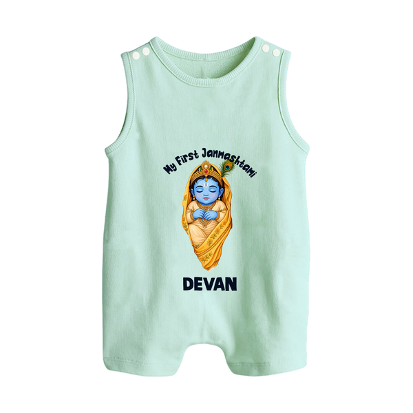My First Janmashtami Sleeping Krishna Blessings Print Button Romper - MINT GREEN - New Born (Chest 18")