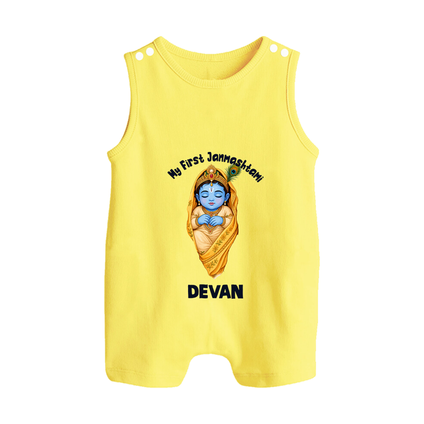 My First Janmashtami Sleeping Krishna Blessings Print Button Romper - PASTEL YELLOW - New Born (Chest 18")