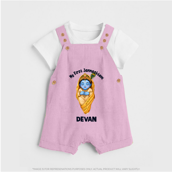 My First Janmashtami Sleeping Krishna Blessings Print Dungaree - BABY PINK - 0 - 5 Months Old (Chest 18")