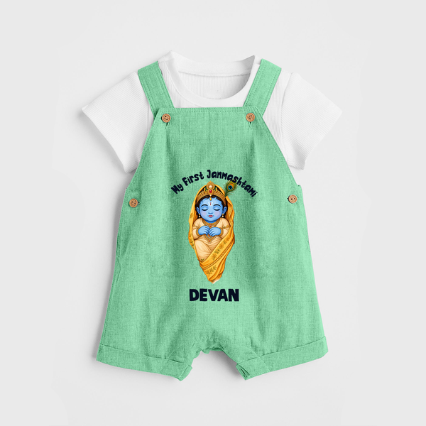My First Janmashtami Sleeping Krishna Blessings Print Dungaree - GREEN - 0 - 5 Months Old (Chest 18")