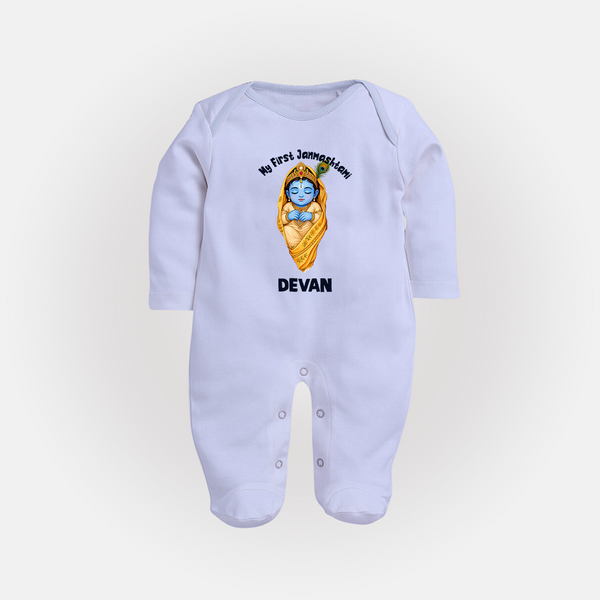 My First Janmashtami Sleeping Krishna Blessings Print Fullbody suit - BABY BLUE - New Born (Chest 7.5")