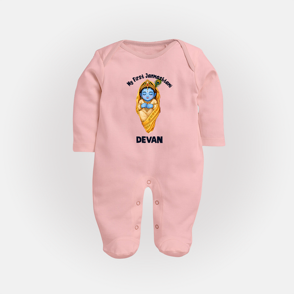 My First Janmashtami Sleeping Krishna Blessings Print Fullbody suit - BABY PINK - New Born (Chest 7.5")