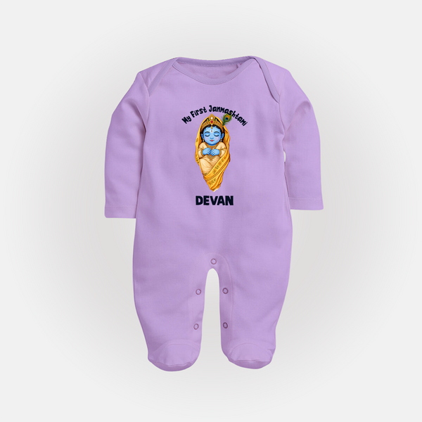 My First Janmashtami Sleeping Krishna Blessings Print Fullbody suit - LILAC - New Born (Chest 7.5")
