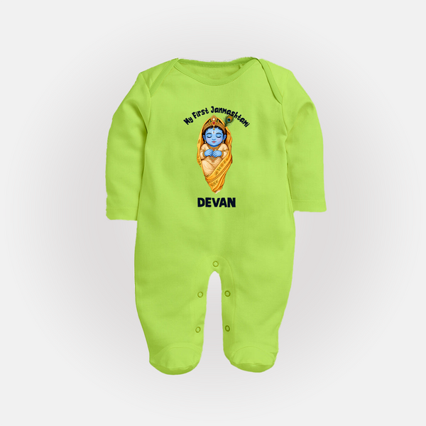My First Janmashtami Sleeping Krishna Blessings Print Fullbody suit - LIME GREEN - New Born (Chest 7.5")