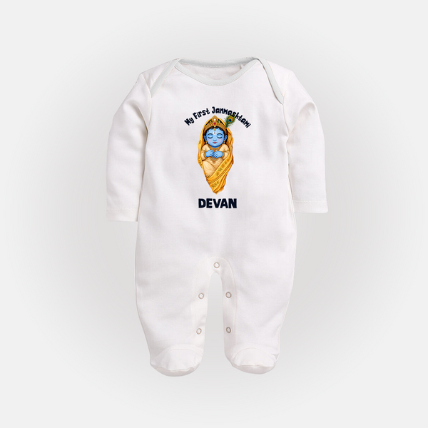 My First Janmashtami Sleeping Krishna Blessings Print Fullbody suit - WHITE - New Born (Chest 7.5")