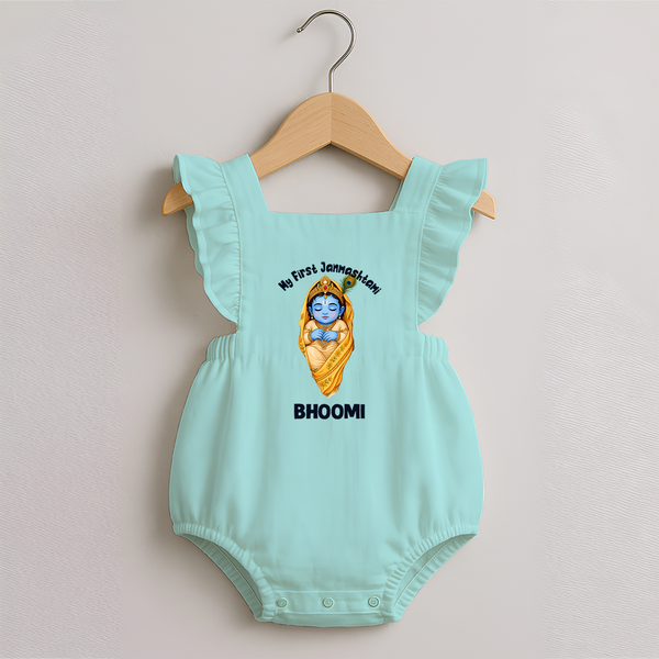 My First Janmashtami Sleeping Krishna Blessings Print Romper Frock - MINT GREEN - 0 - 3 Months Old (Chest 19")