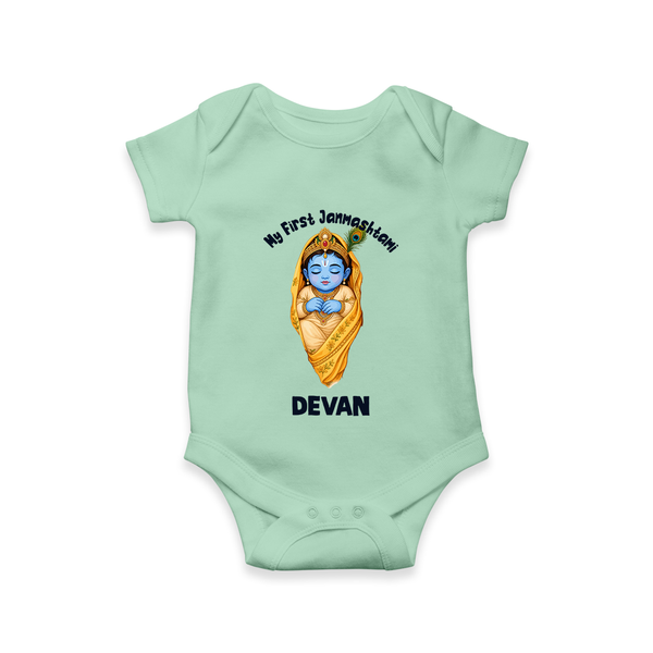 My First Janmashtami Sleeping Krishna Blessings Print Romper - MINT GREEN - New Born (Chest 14")
