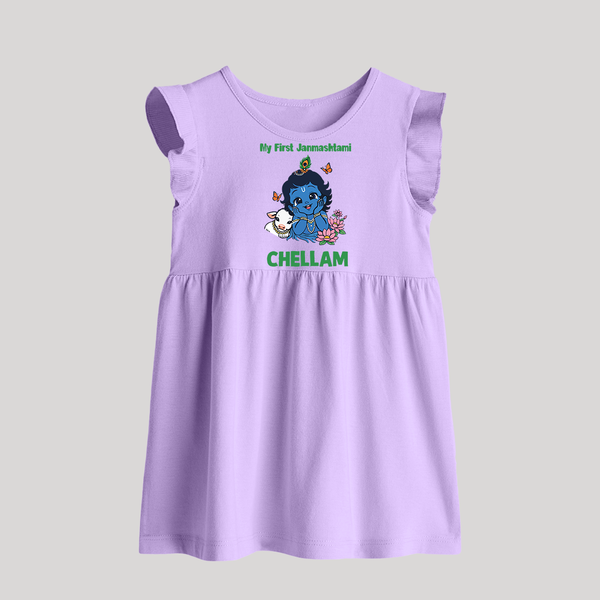 My First Janmashtami Baby Krishna Lotus Charm Print Baby Frock - LILAC - 0 - 3 Months Old (Chest 17")