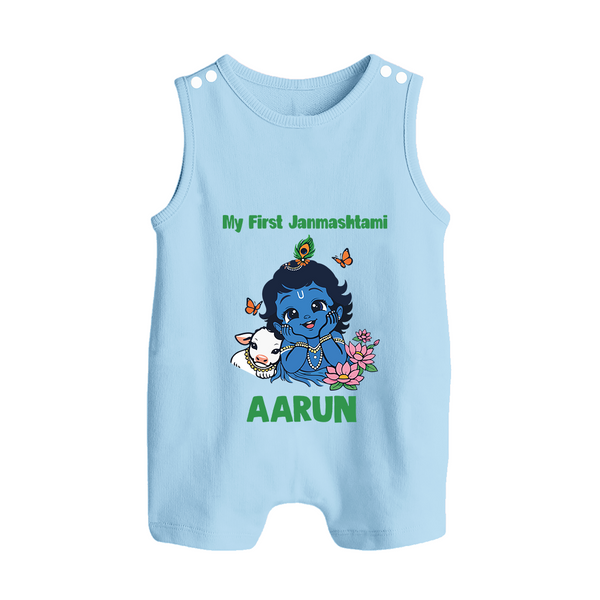 My First Janmashtami Baby Krishna Lotus Charm Print Button Romper - BABY BLUE - New Born (Chest 18")