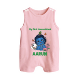 My First Janmashtami Baby Krishna Lotus Charm Print Button Romper - BABY PINK - New Born (Chest 18")