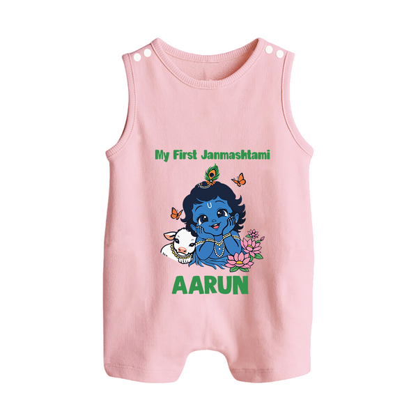 My First Janmashtami Baby Krishna Lotus Charm Print Button Romper - BABY PINK - New Born (Chest 18")