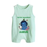 My First Janmashtami Baby Krishna Lotus Charm Print Button Romper - MINT GREEN - New Born (Chest 18")