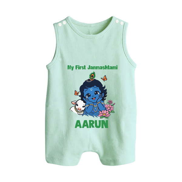 My First Janmashtami Baby Krishna Lotus Charm Print Button Romper - MINT GREEN - New Born (Chest 18")