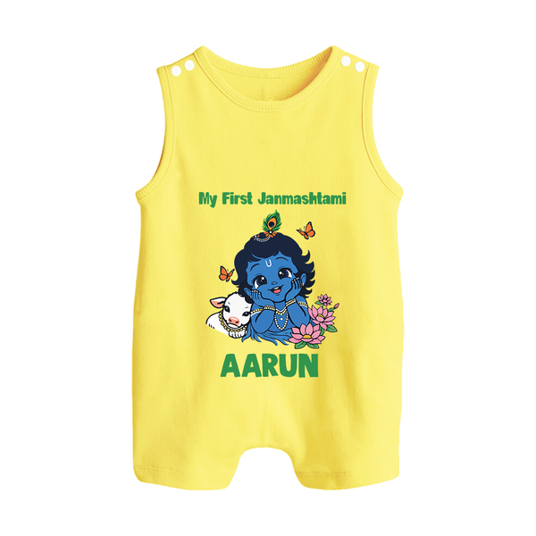 My First Janmashtami Baby Krishna Lotus Charm Print Button Romper - PASTEL YELLOW - New Born (Chest 18")