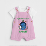 My First Janmashtami Baby Krishna Lotus Charm Print Dungaree - BABY PINK - 0 - 5 Months Old (Chest 18")
