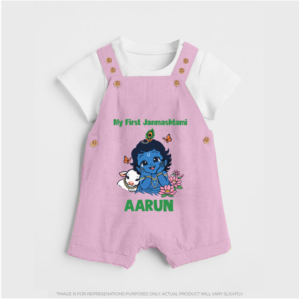 My First Janmashtami Baby Krishna Lotus Charm Print Dungaree - BABY PINK - 0 - 5 Months Old (Chest 18")